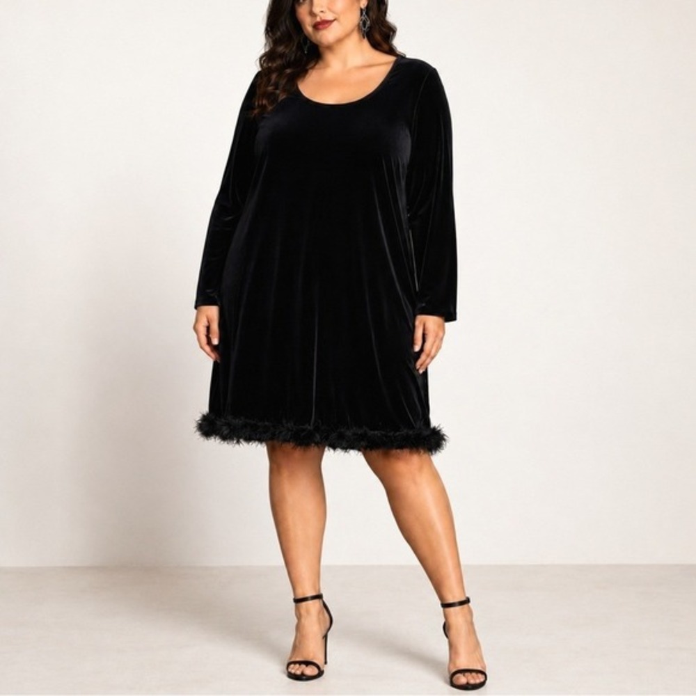 VTG 80s 90s Velvet Feather Hem Dress L Black Cocktail Party Onyx Nite USA